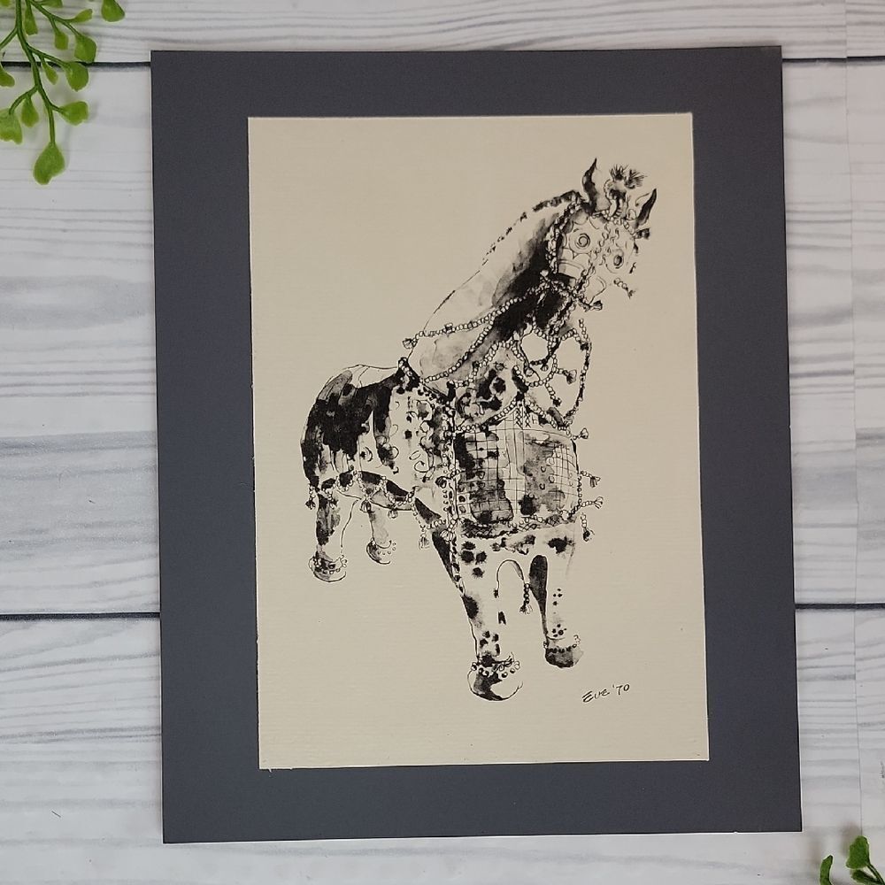 Ink Drawing Print Of A Tang Dynasty Style Horse Signed " Eve "  '70